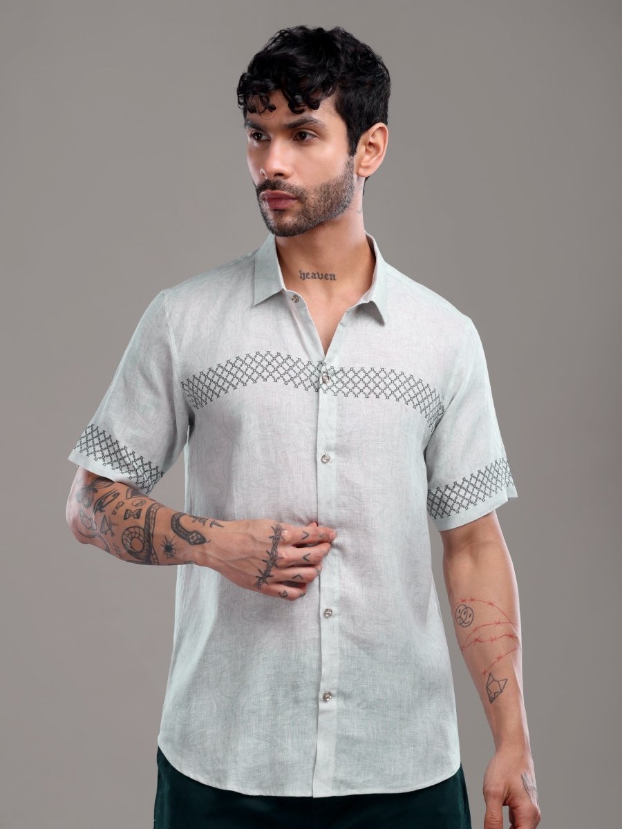 Lavender Pure Linen Shirt with Geometric Threadwork Detailing - CLOHI