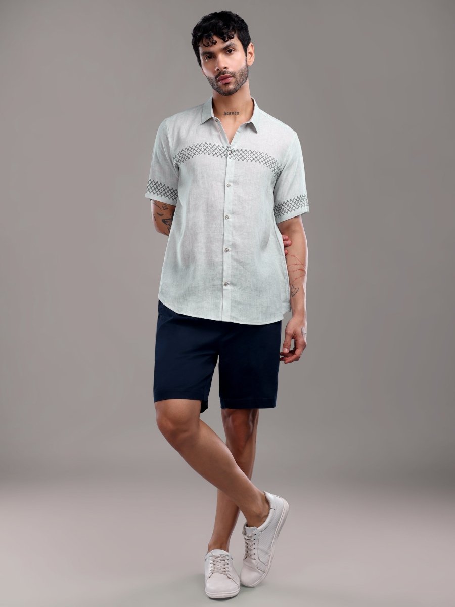 Lavender Pure Linen Shirt with Geometric Threadwork Detailing - CLOHI