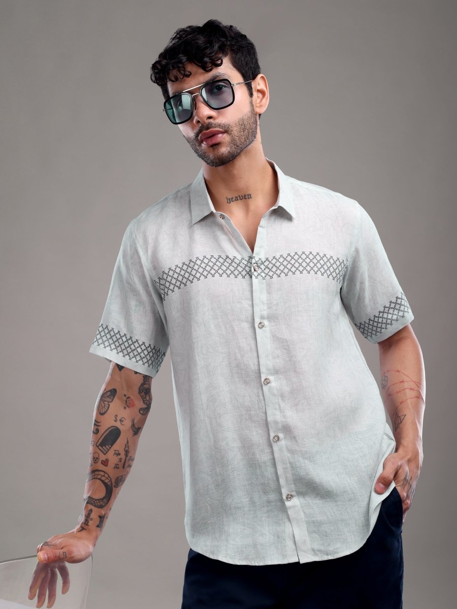 Lavender Pure Linen Shirt with Geometric Threadwork Detailing - CLOHI