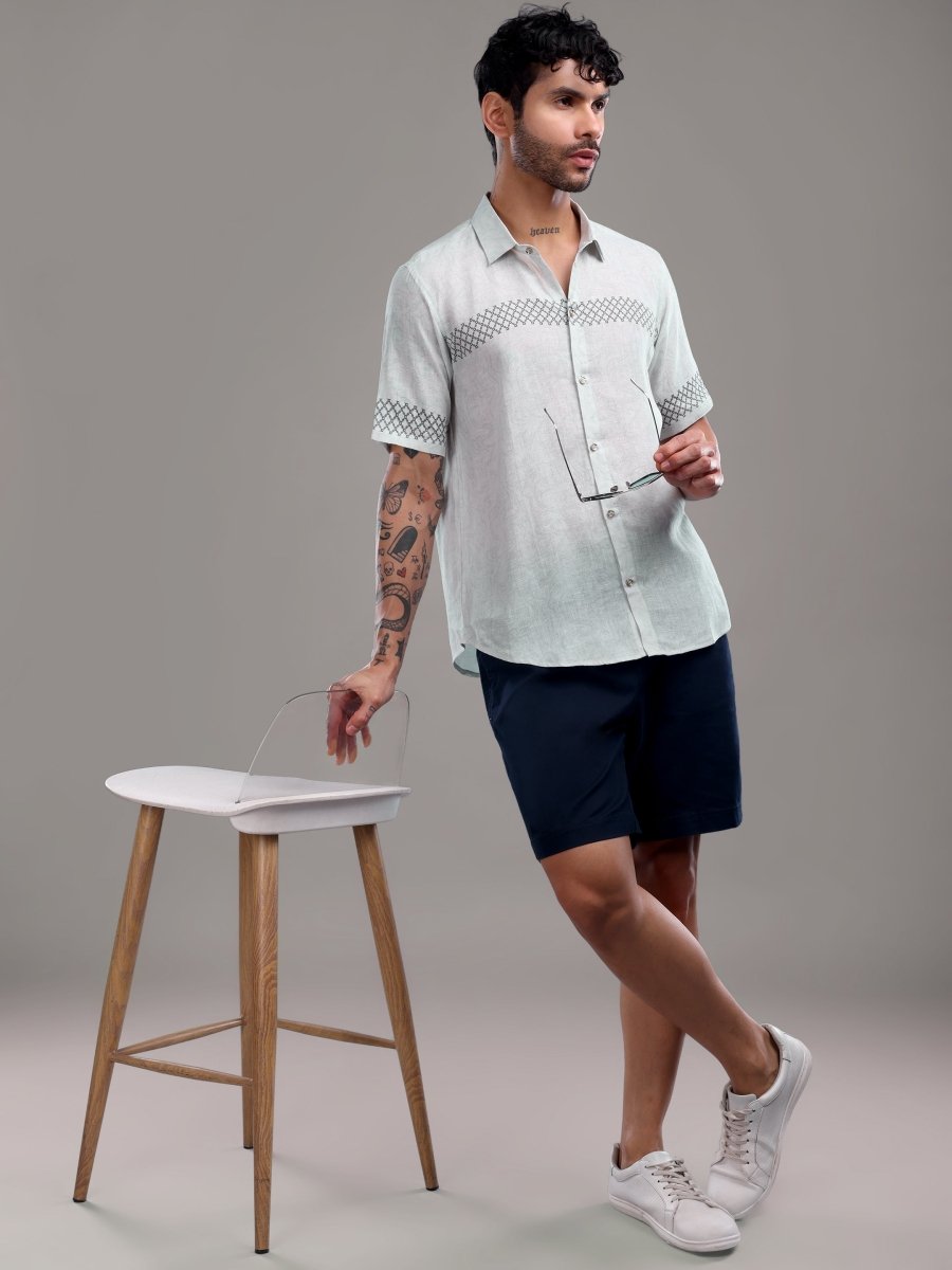 Lavender Pure Linen Shirt with Geometric Threadwork Detailing - CLOHI