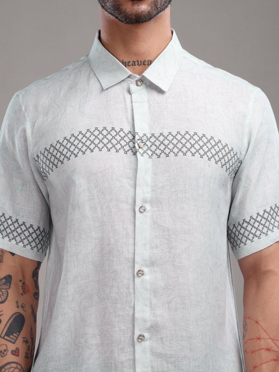Lavender Pure Linen Shirt with Geometric Threadwork Detailing - CLOHI