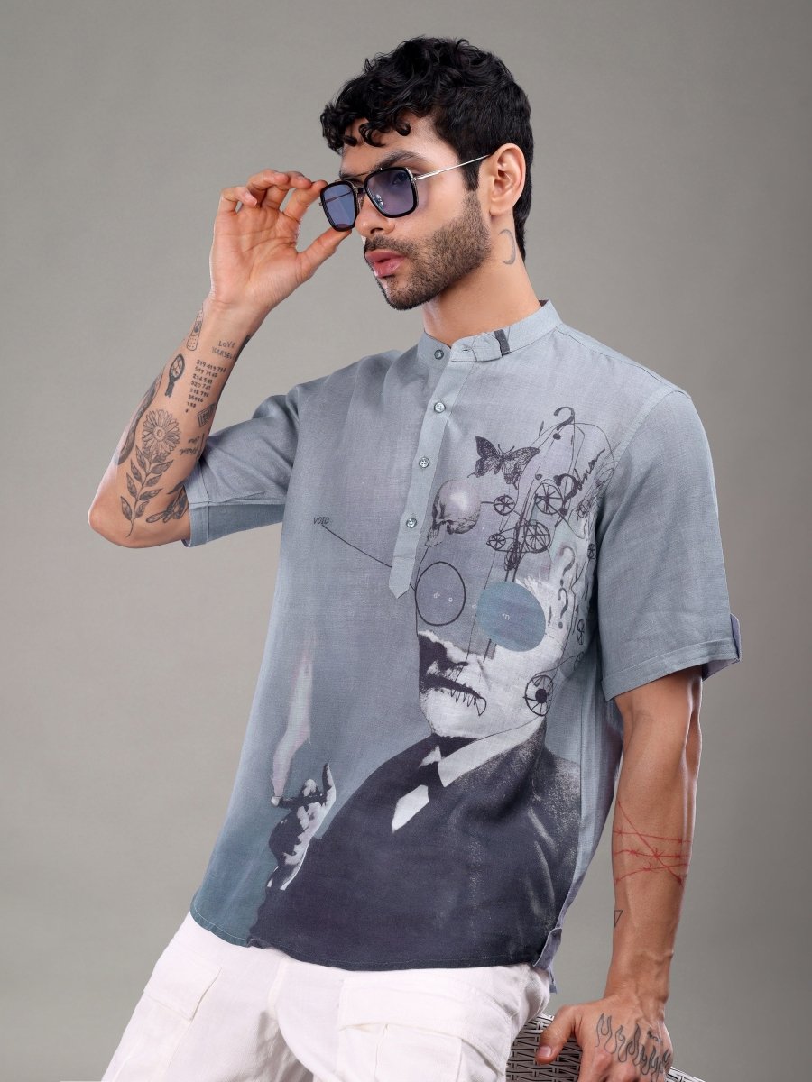 Lavender Pure Linen Short Kurta with Surreal Art Print - CLOHI
