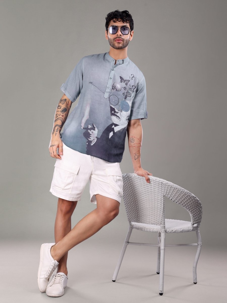 Lavender Pure Linen Short Kurta with Surreal Art Print - CLOHI