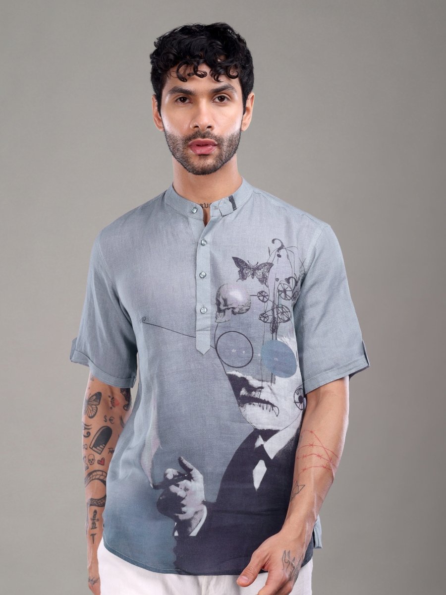 Lavender Pure Linen Short Kurta with Surreal Art Print - CLOHI