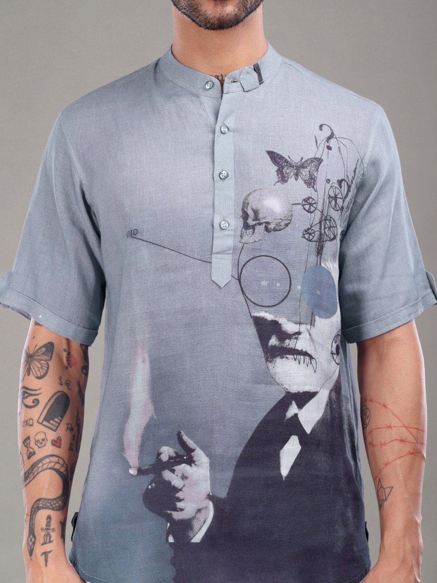 Lavender Pure Linen Short Kurta with Surreal Art Print - CLOHI