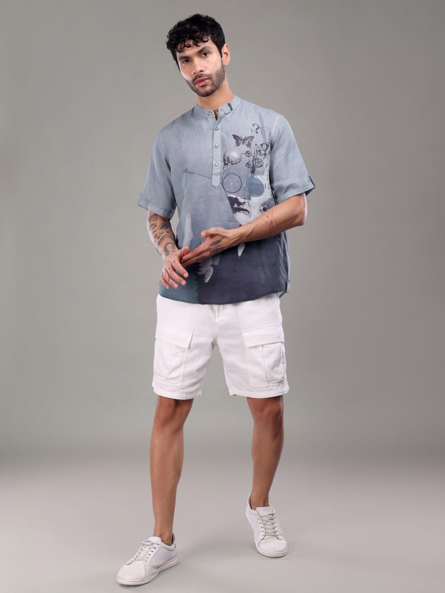 Lavender Pure Linen Short Kurta with Surreal Art Print - CLOHI