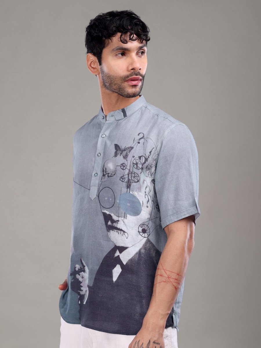Lavender Pure Linen Short Kurta with Surreal Art Print - CLOHI
