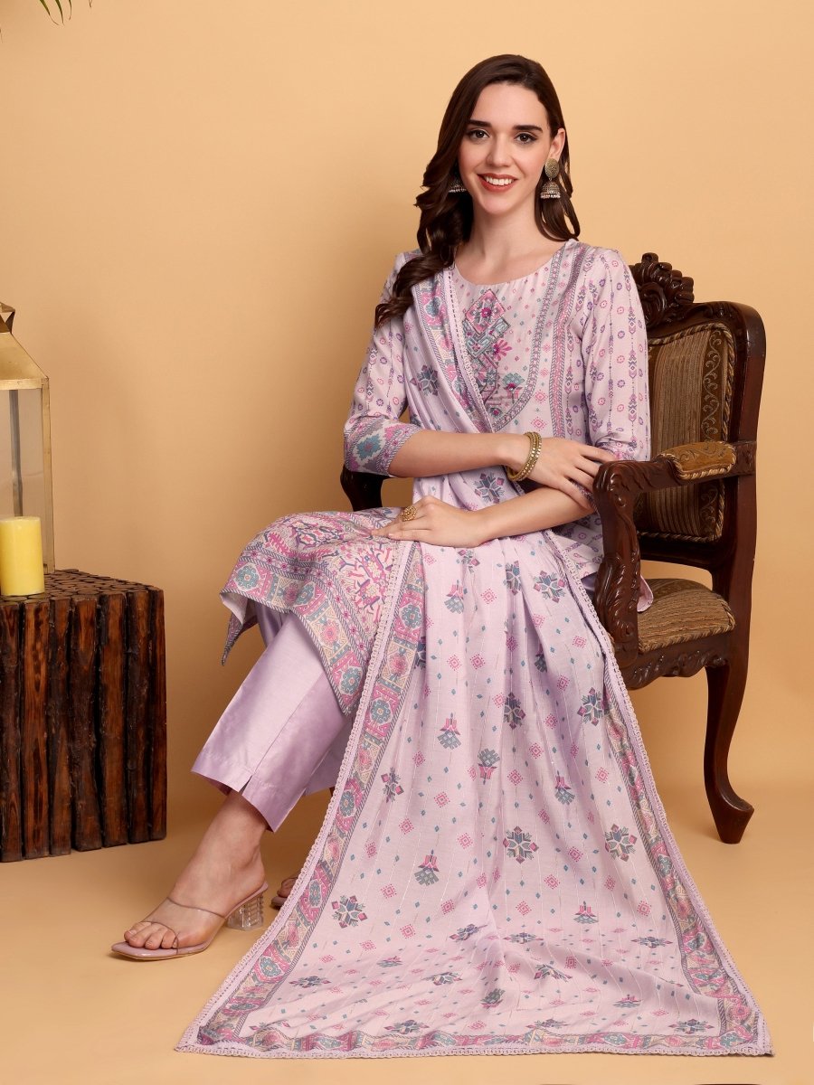 Lavender Viscose Modal Maslin Kurta Set with Chanderi Dupatta – Elegant Ethnic Wear - CLOHI