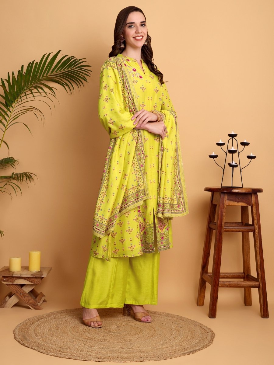 Lemon Yellow Floral Hand Embroidered Kurta Set with Dupatta - CLOHI