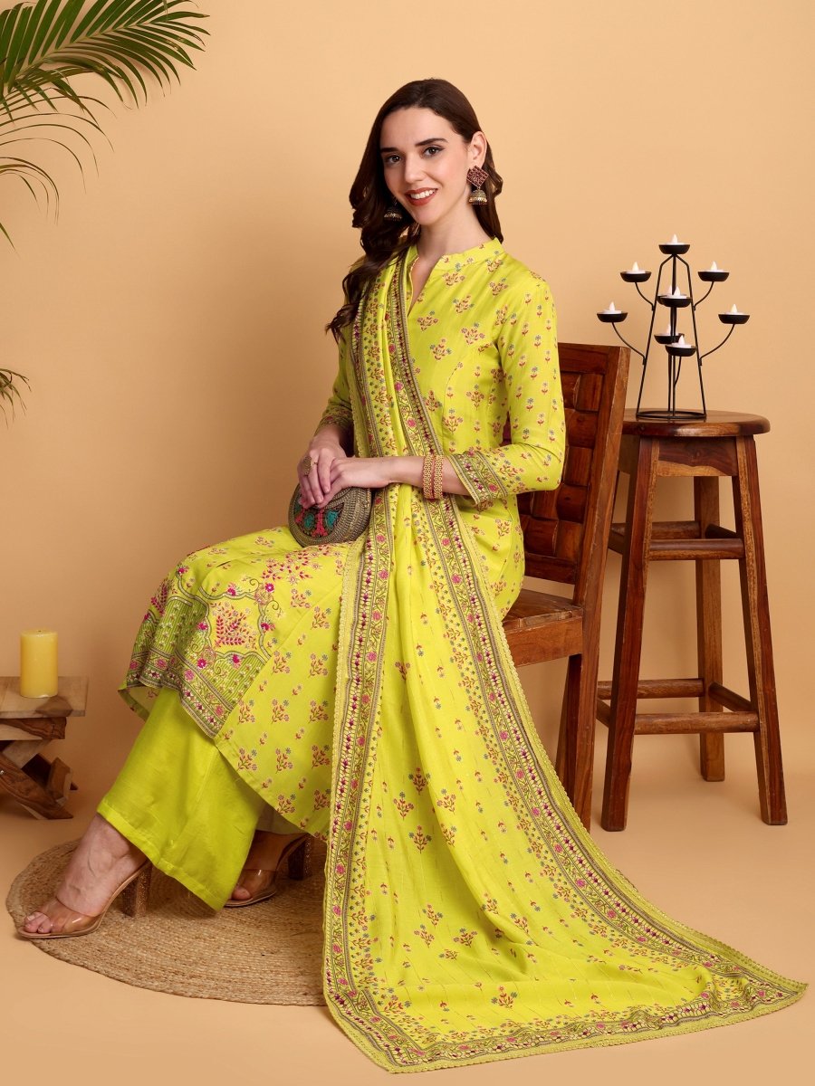 Lemon Yellow Floral Hand Embroidered Kurta Set with Dupatta - CLOHI