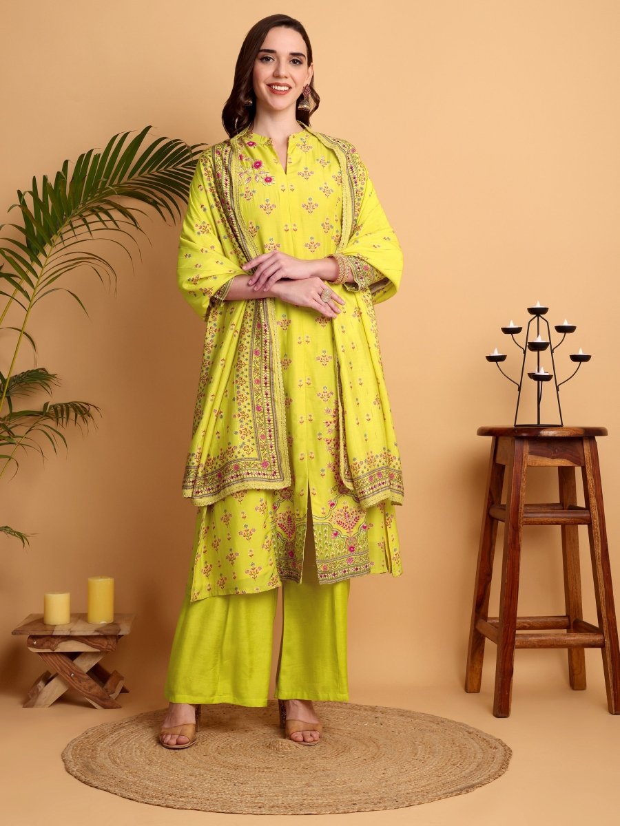 Lemon Yellow Floral Hand Embroidered Kurta Set with Dupatta - CLOHI