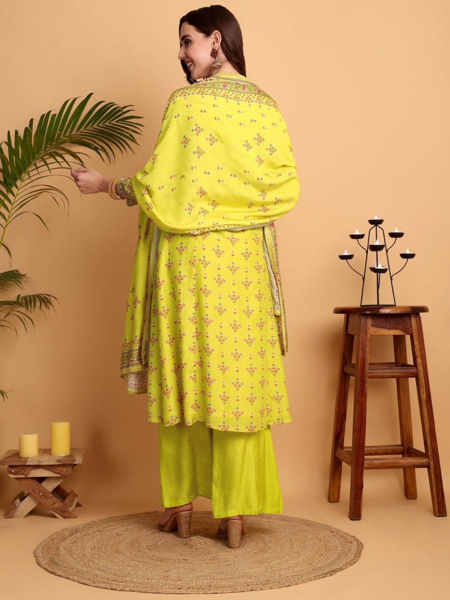 Lemon Yellow Floral Hand Embroidered Kurta Set with Dupatta - CLOHI