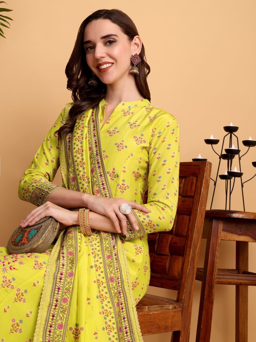 Lemon Yellow Floral Hand Embroidered Kurta Set with Dupatta - CLOHI