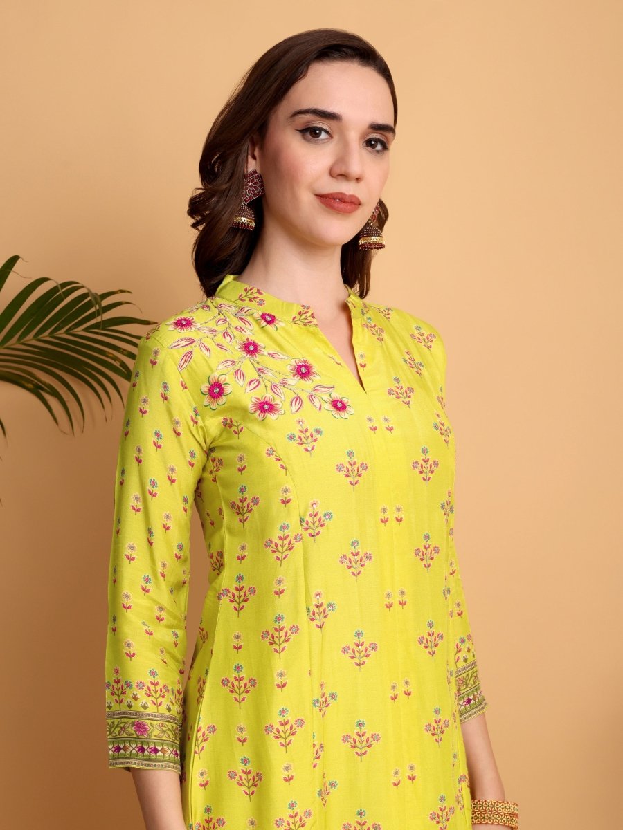 Lemon Yellow Floral Hand Embroidered Kurta Set with Dupatta - CLOHI