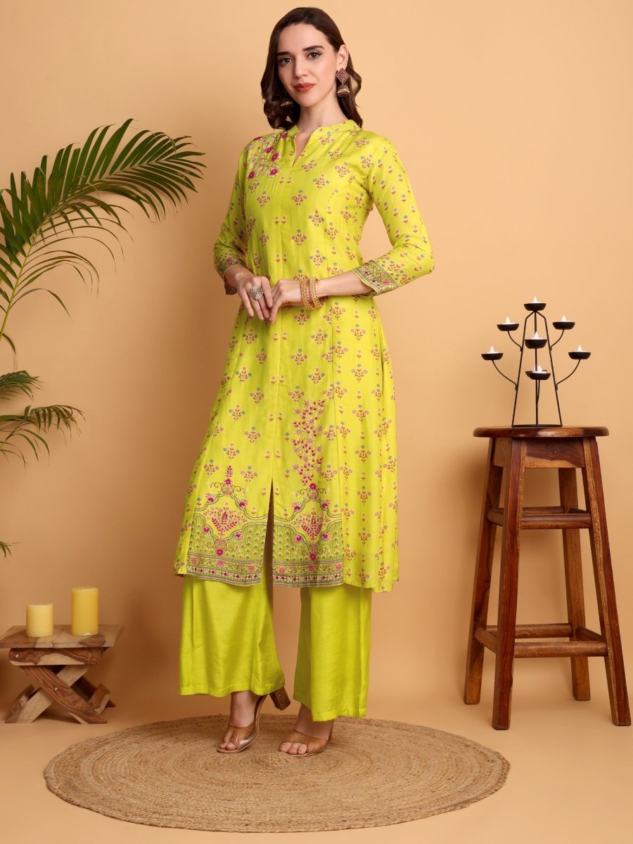 Lemon Yellow Floral Hand Embroidered Kurta Set with Dupatta - CLOHI
