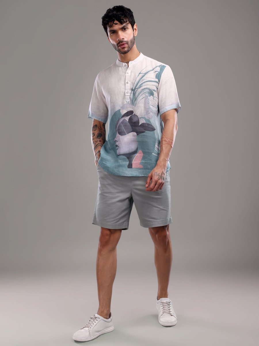 Light Blue Artistic Face Printed Pure Linen Short Kurta Shirt - CLOHI