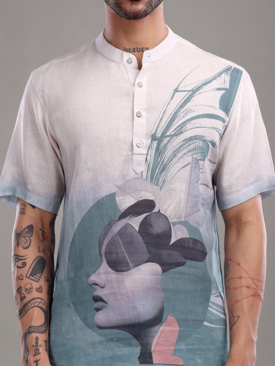 Light Blue Artistic Face Printed Pure Linen Short Kurta Shirt - CLOHI