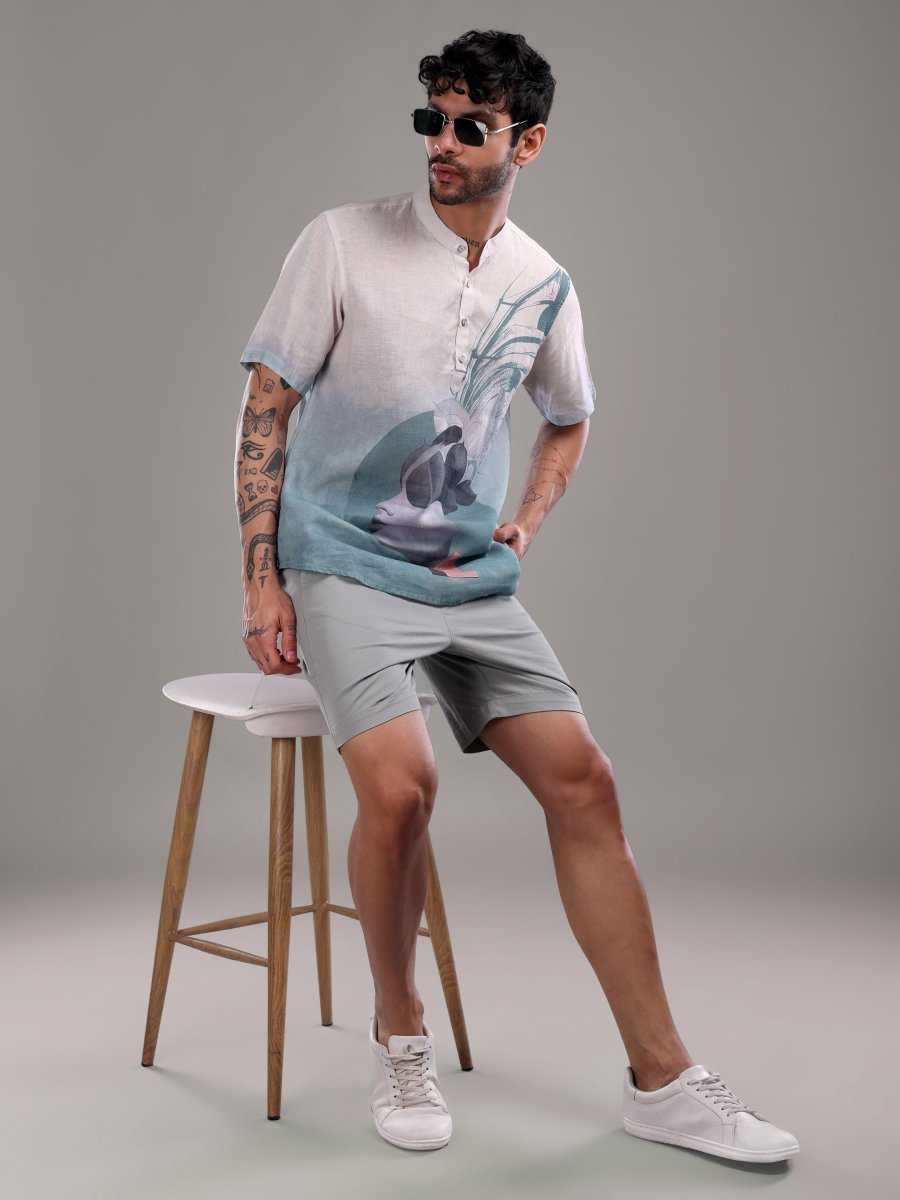 Light Blue Artistic Face Printed Pure Linen Short Kurta Shirt - CLOHI