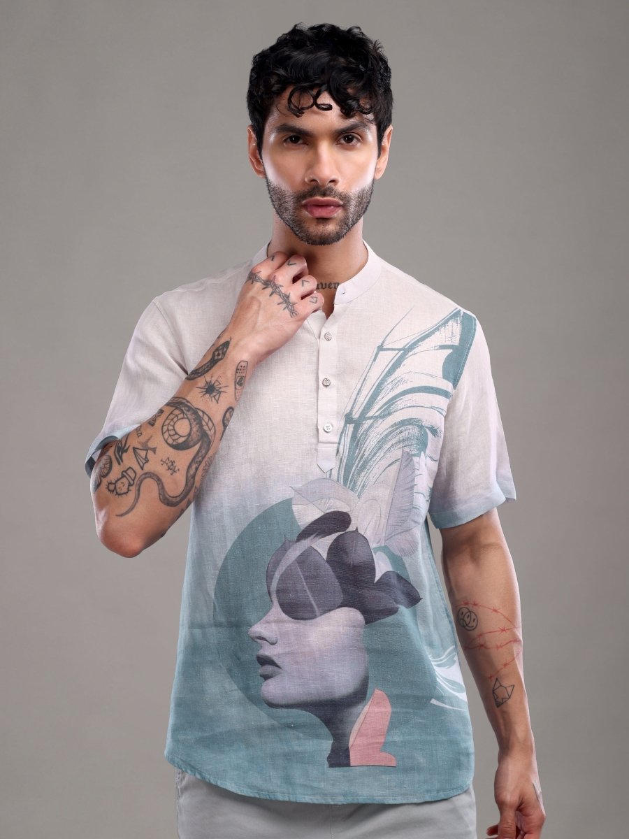 Light Blue Artistic Face Printed Pure Linen Short Kurta Shirt - CLOHI