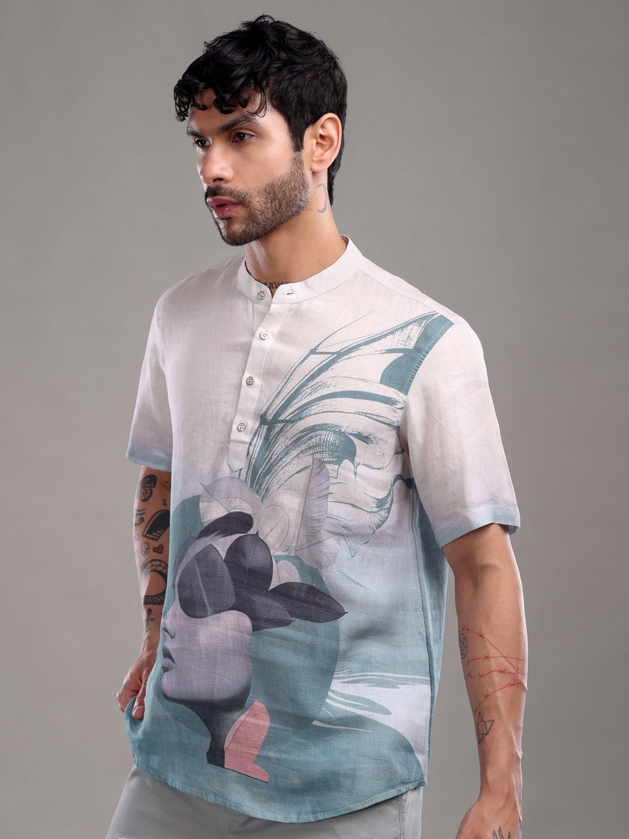Light Blue Artistic Face Printed Pure Linen Short Kurta Shirt - CLOHI
