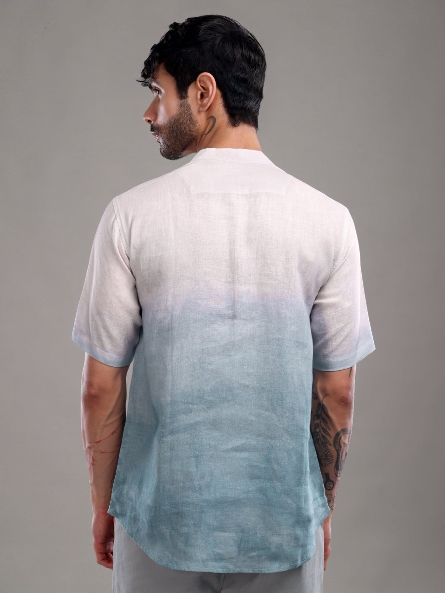 Light Blue Artistic Face Printed Pure Linen Short Kurta Shirt - CLOHI