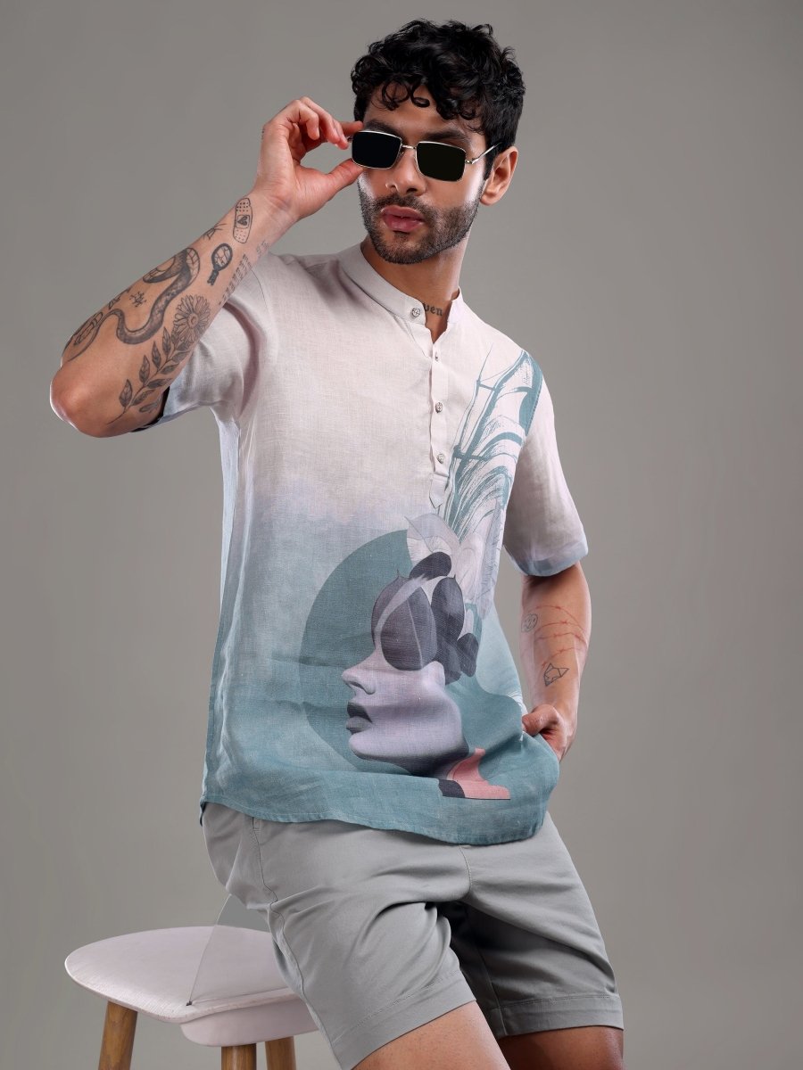 Light Blue Artistic Face Printed Pure Linen Short Kurta Shirt - CLOHI