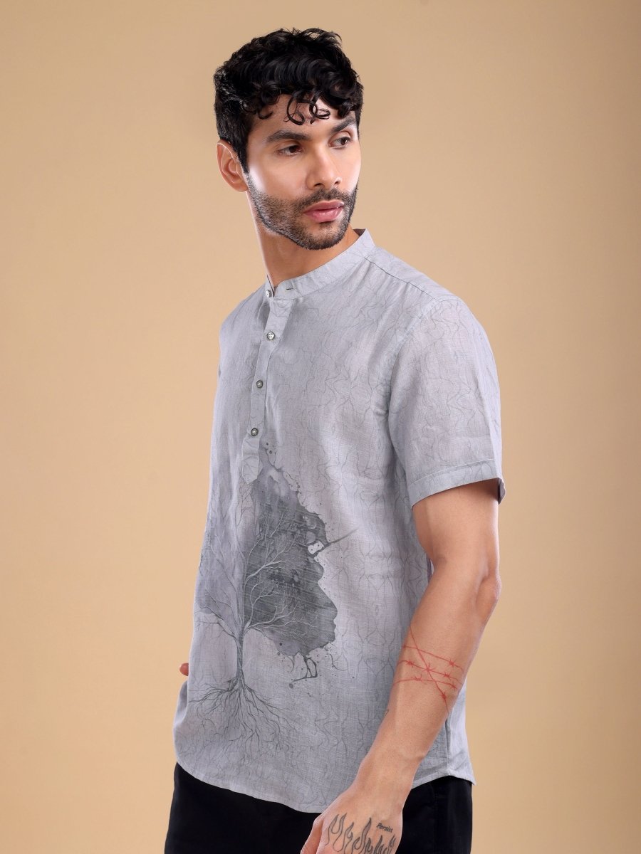 Light Blue Pure Linen Shirt with Artistic Tree Print & Mandarin Collar - CLOHI