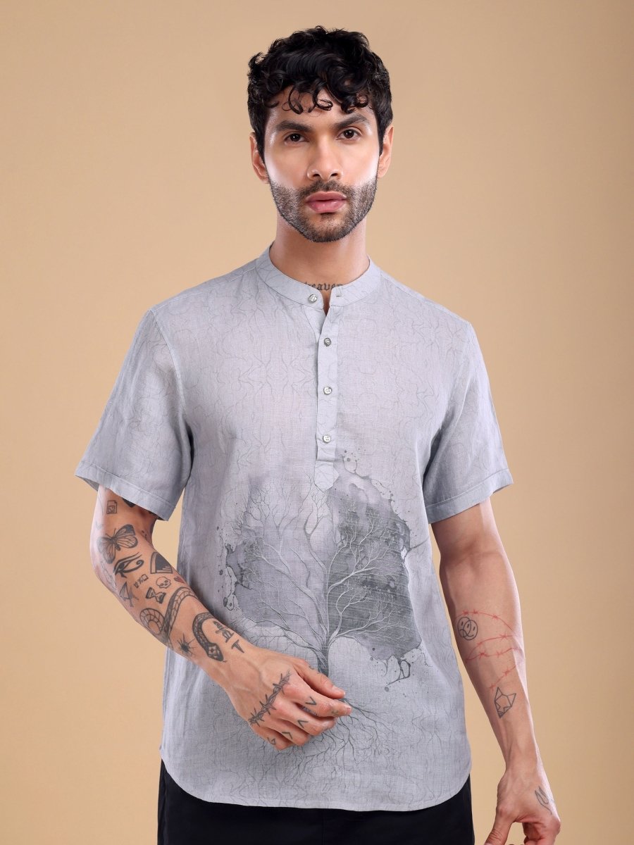 Light Blue Pure Linen Shirt with Artistic Tree Print & Mandarin Collar - CLOHI