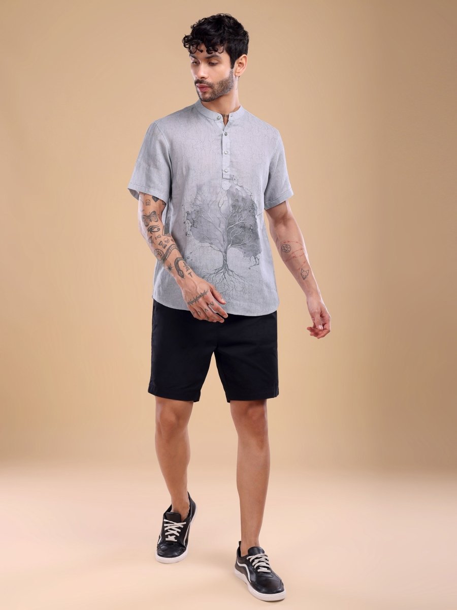 Light Blue Pure Linen Shirt with Artistic Tree Print & Mandarin Collar - CLOHI