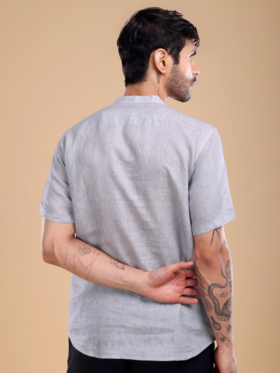 Light Blue Pure Linen Shirt with Artistic Tree Print & Mandarin Collar - CLOHI