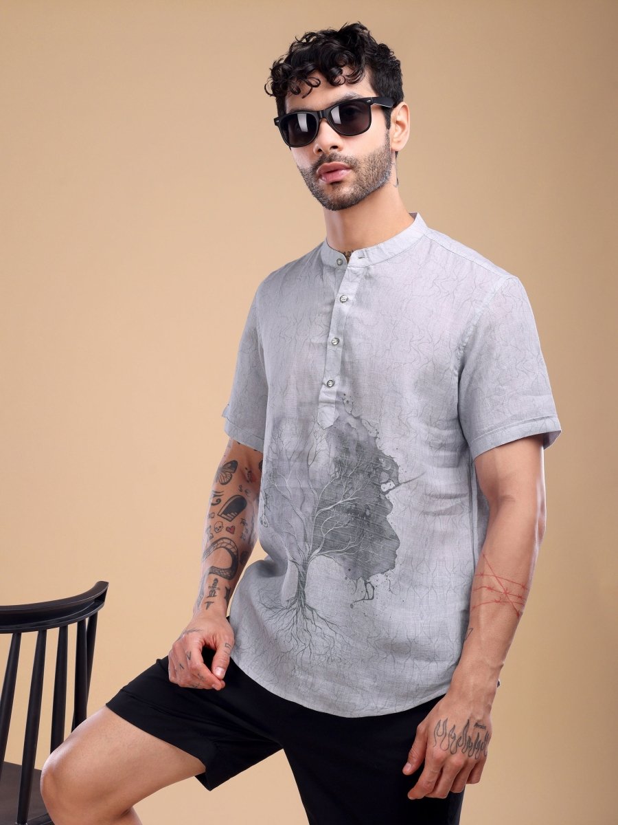 Light Blue Pure Linen Shirt with Artistic Tree Print & Mandarin Collar - CLOHI