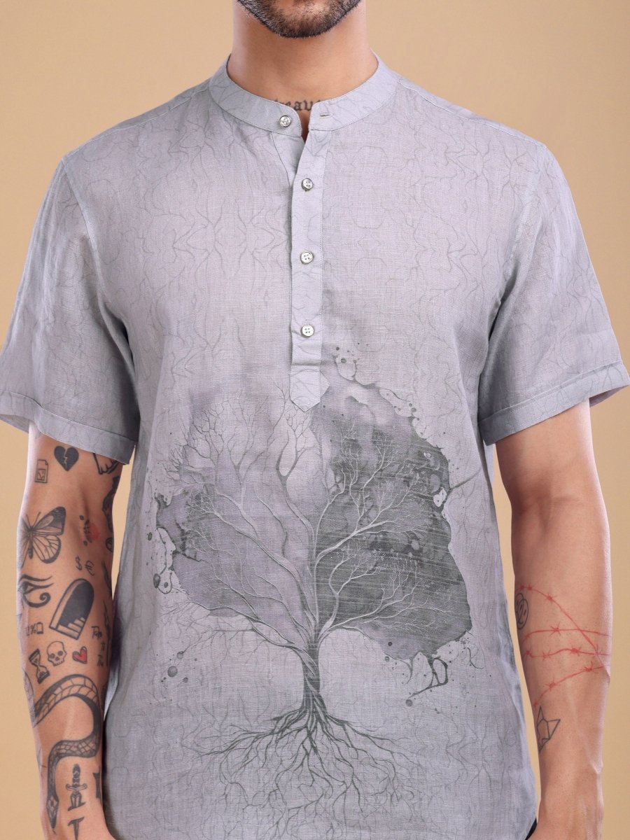 Light Blue Pure Linen Shirt with Artistic Tree Print & Mandarin Collar - CLOHI
