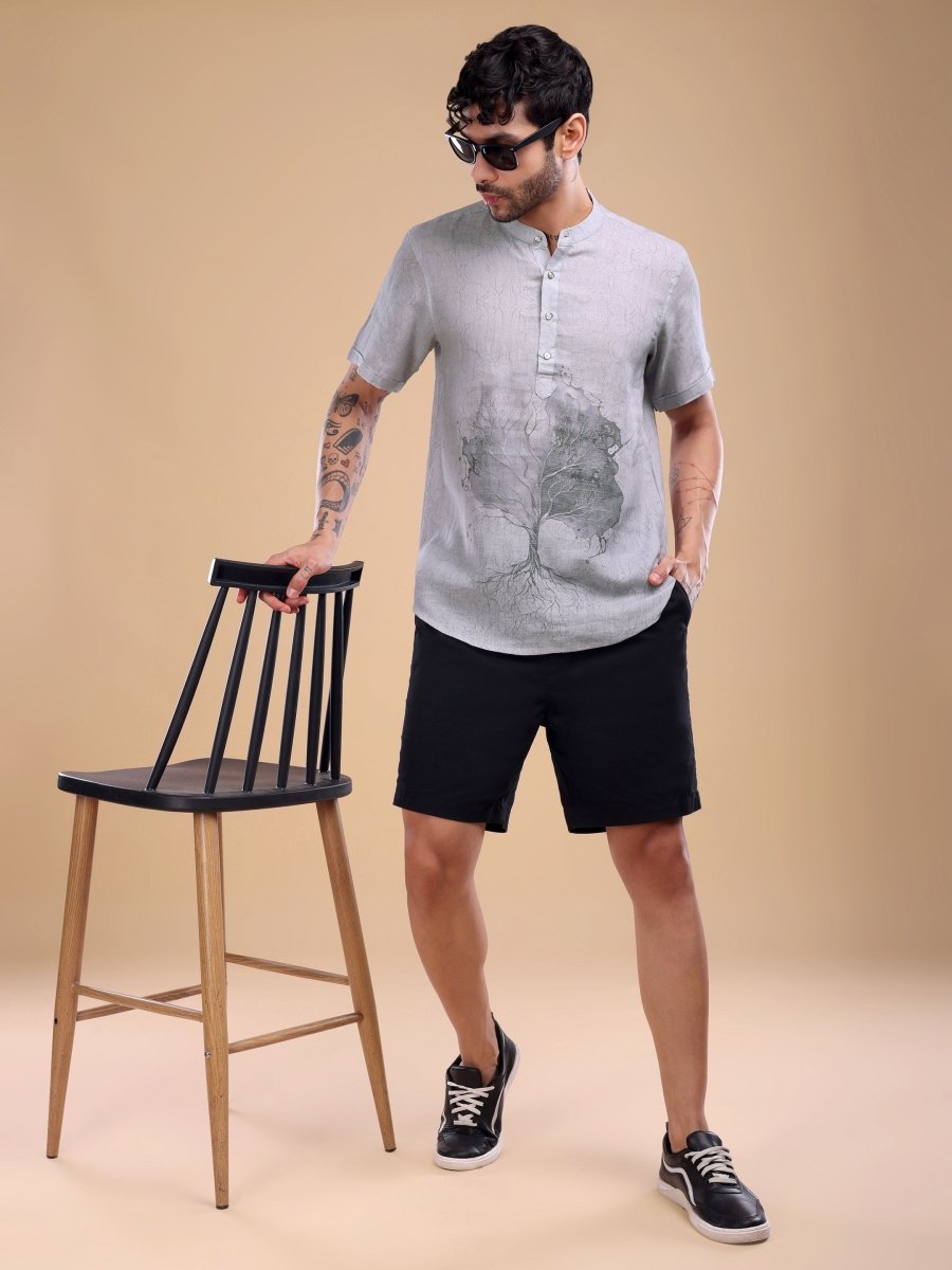 Light Blue Pure Linen Shirt with Artistic Tree Print & Mandarin Collar - CLOHI