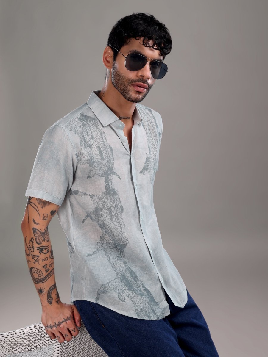 Light Blue Pure Linen Shirt with Surreal Abstract Print - CLOHI