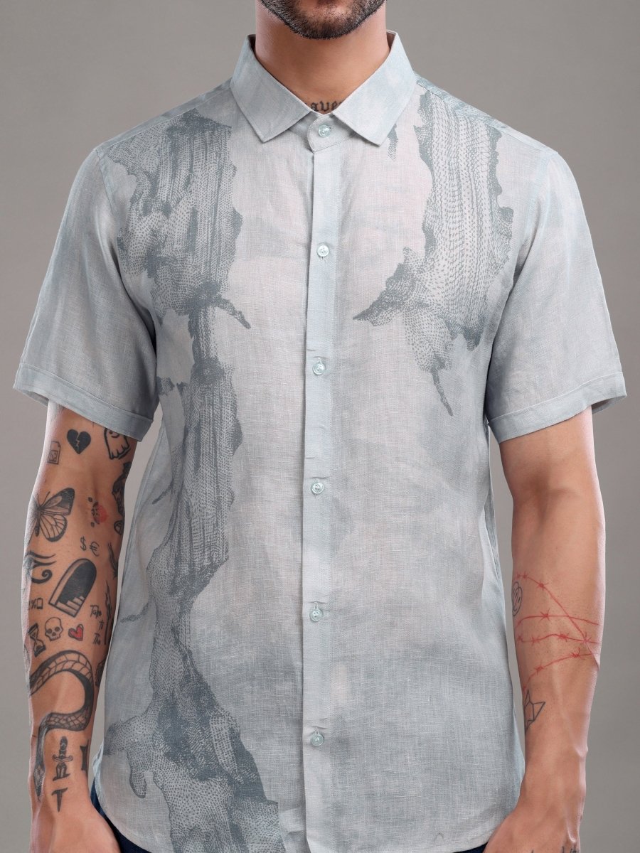Light Blue Pure Linen Shirt with Surreal Abstract Print - CLOHI