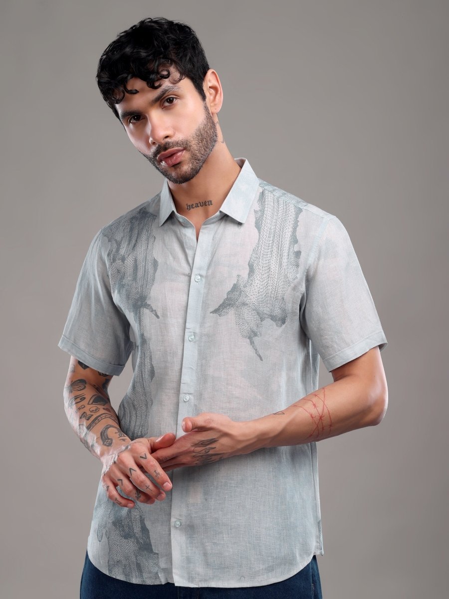 Light Blue Pure Linen Shirt with Surreal Abstract Print - CLOHI