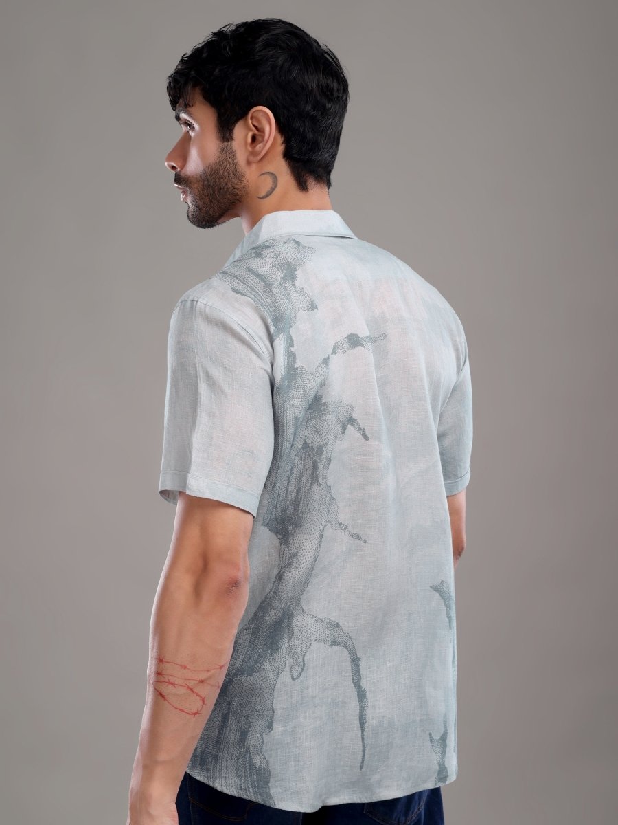 Light Blue Pure Linen Shirt with Surreal Abstract Print - CLOHI