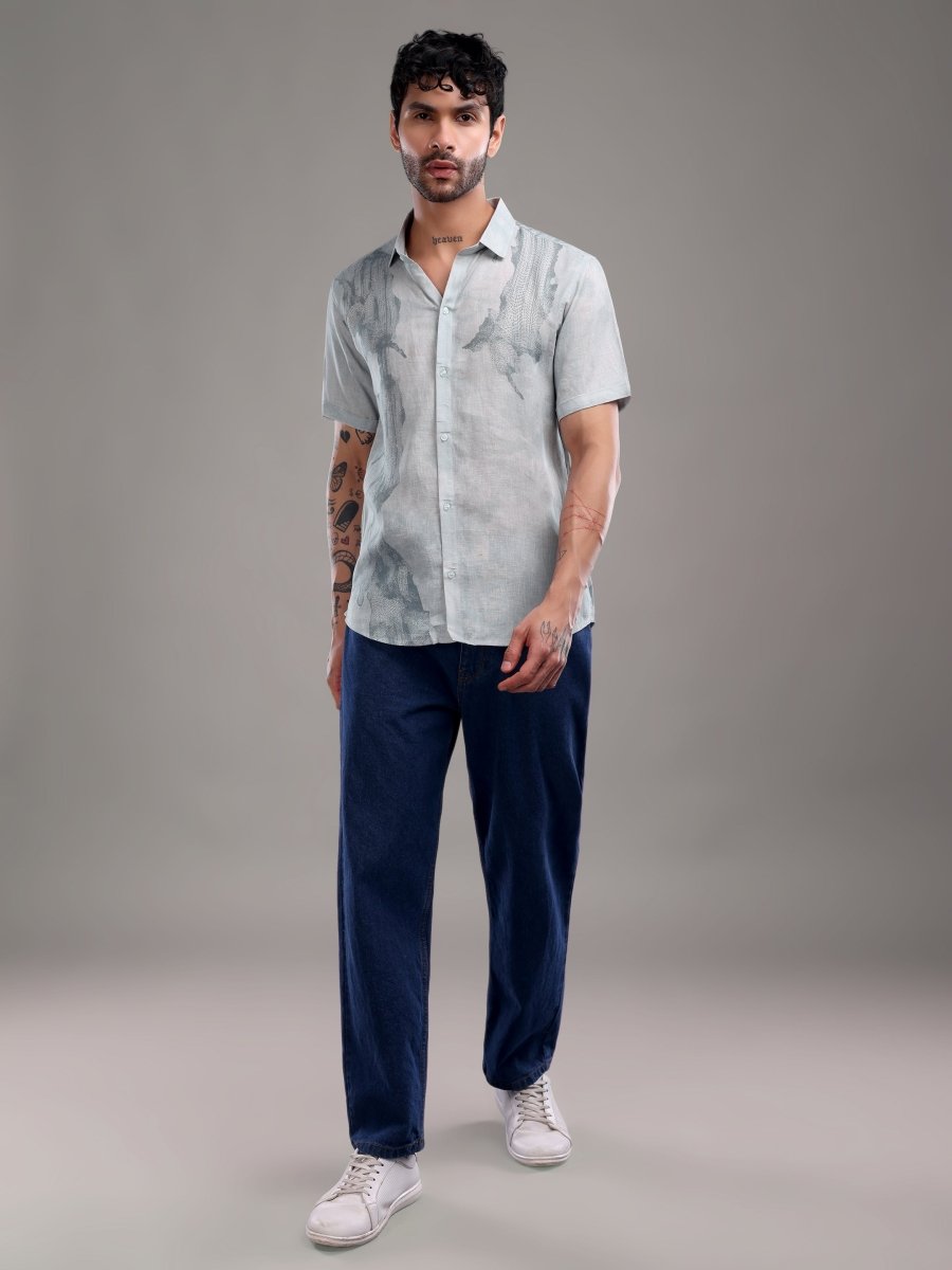Light Blue Pure Linen Shirt with Surreal Abstract Print - CLOHI