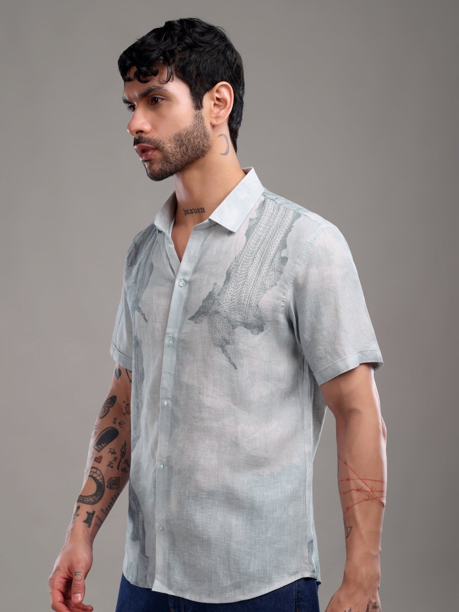 Light Blue Pure Linen Shirt with Surreal Abstract Print - CLOHI