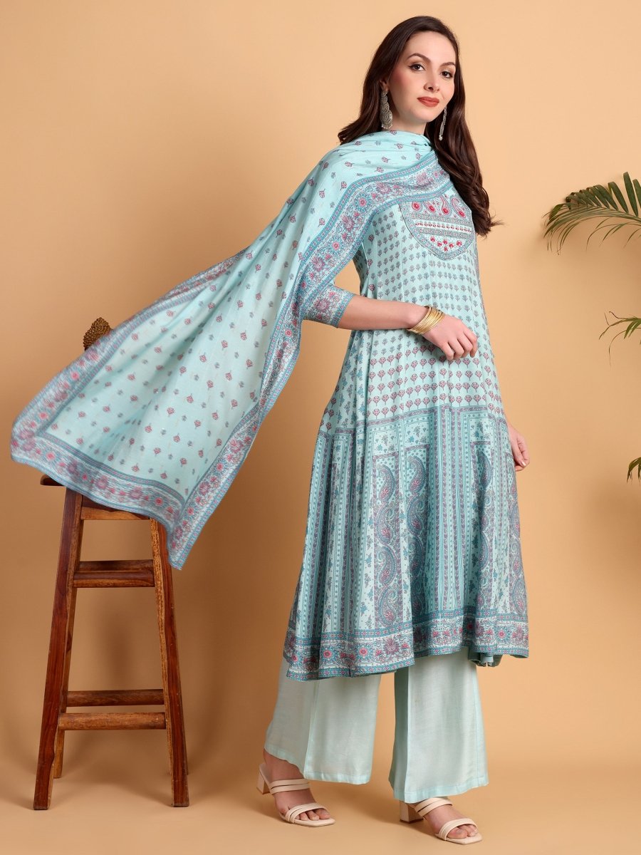 Light Cyan Anarkali Kurta Set with Floral Print & Embroidered Yoke – Elegant Ethnic Wear - CLOHI