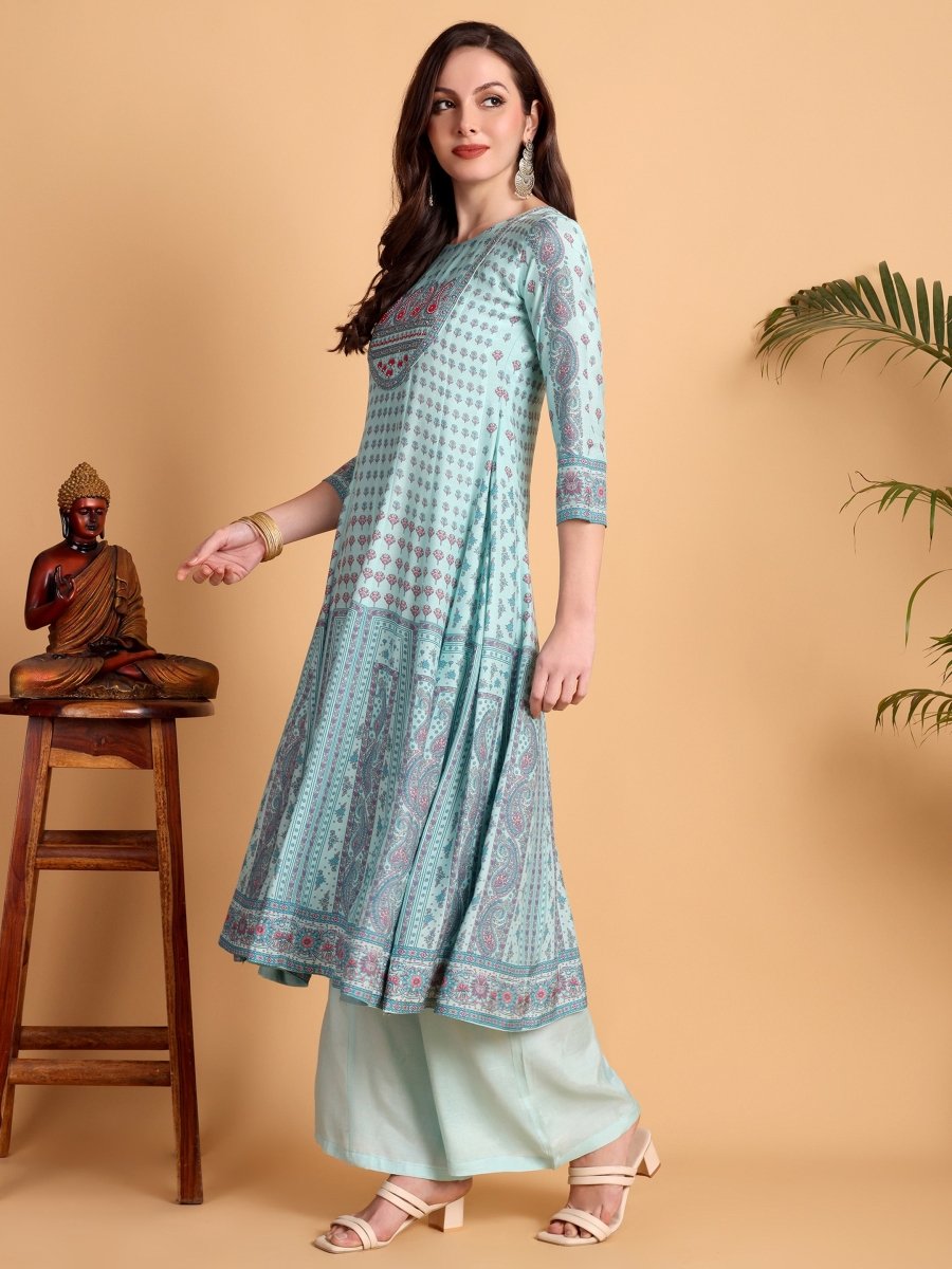Light Cyan Anarkali Kurta Set with Floral Print & Embroidered Yoke – Elegant Ethnic Wear - CLOHI