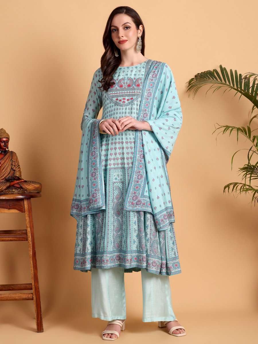 Light Cyan Anarkali Kurta Set with Floral Print & Embroidered Yoke – Elegant Ethnic Wear - CLOHI