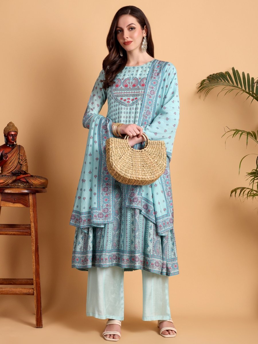 Light Cyan Anarkali Kurta Set with Floral Print & Embroidered Yoke – Elegant Ethnic Wear - CLOHI