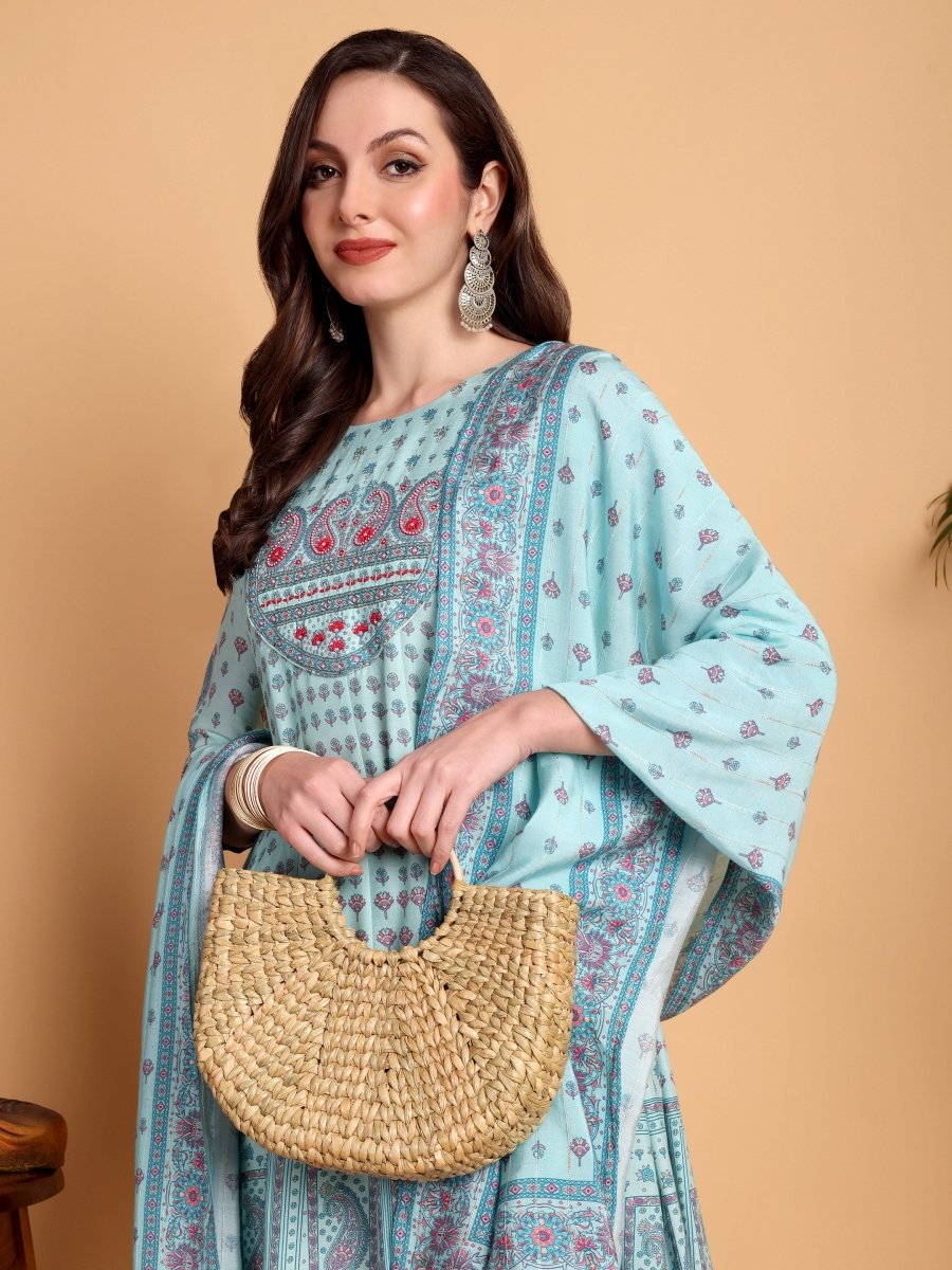 Light Cyan Anarkali Kurta Set with Floral Print & Embroidered Yoke – Elegant Ethnic Wear - CLOHI