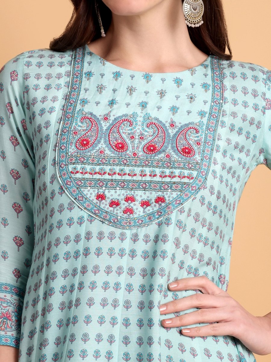 Light Cyan Anarkali Kurta Set with Floral Print & Embroidered Yoke – Elegant Ethnic Wear - CLOHI