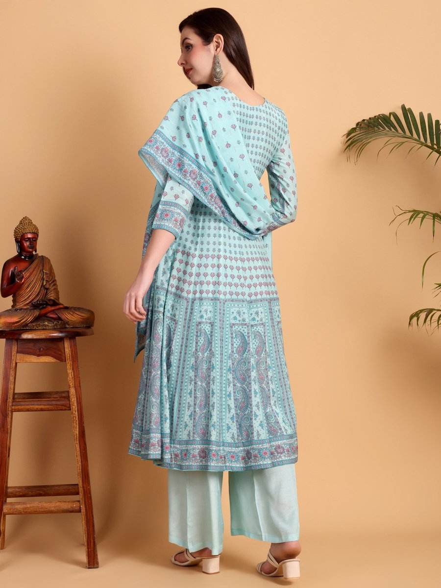 Light Cyan Anarkali Kurta Set with Floral Print & Embroidered Yoke – Elegant Ethnic Wear - CLOHI