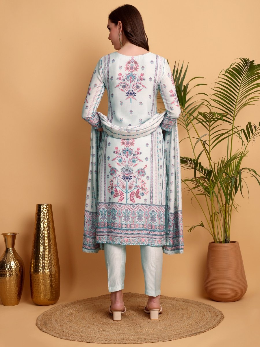 Light Cyan Floral Kurta Set for Women | Printed Viscose Maslin Suit - CLOHI
