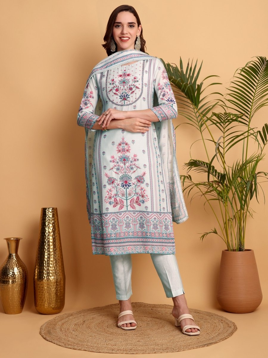 Light Cyan Floral Kurta Set for Women | Printed Viscose Maslin Suit - CLOHI