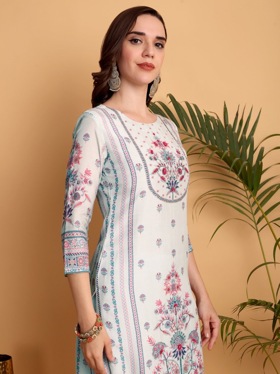 Light Cyan Floral Kurta Set for Women | Printed Viscose Maslin Suit - CLOHI