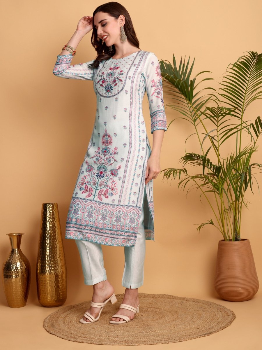 Light Cyan Floral Kurta Set for Women | Printed Viscose Maslin Suit - CLOHI